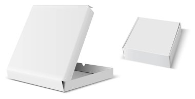 Pizza kutusu modeli. Kağıt paket şablonu tasarımı. Restoran ürün teslimat konteynırı. Üç boyutlu perspektifte açık ve kapalı karton, izole. Gerçekçi pizzacı atıştırmalık kare paketleme