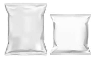 Yiyecek yastık çantası maketi. Beyaz kese boş vektör şablonu. Çikolatalı folyo kesesi. Çip ürünü kapalı polimer kabın tanıtımı ticari ürün reklamları için. Kağıt çorba kutusu hazır.