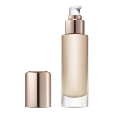 Yüz fondöten şişesi. Sıvı kozmetik krem. Yüz makyajı temel cam pompa tüpü. Tıbbi serum paketleme şablonunu temizle. Güzellik losyonu kabı.