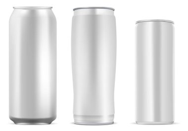 Kahve, meyve suyu ve soda için alüminyum kutu. Soğuk limonata içmek için hala metal kalıplar. Bira için parlak alüminyum şişe, beyaz arka planda izole edilmiş.