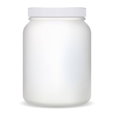 Destek şişesi. Vücut geliştirme sporu için beyaz plastik protein kabı. Silindir model tasarlayabilir. Kapaklı jimnastik tabletleri kutusu. Sağlık hapı kutusu