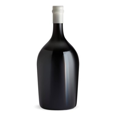 Kırmızı şarap şişesi. Koyu cam şekilli illüstrasyon. Cabernet, Burgundy, Pinot Noir lüks şarap, üzüm bağından. Akşam yemeği için gerçekçi bir Fransa içeceği. Alkol Çubuğu Clipart
