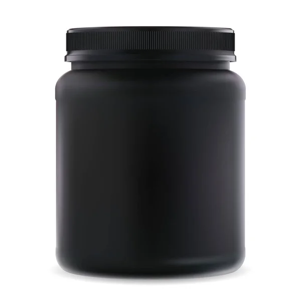 Siyah destek kavanozu. Protein sporu 3D konteynır. Bcaa amino asitleri boşalabilir. Kas çalışması için yuvarlak vücut geliştirme ürünü paketi. Gerçekçi vitaminler silindir tüp