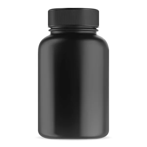 Siyah takviye şişesi. Vitamin hapı taşıyıcı vektör şablonu. Parlak plastik ambalaj 3D tasarımı. Eczane için büyük bir ilaç kutusu. Vücut geliştirme sporu uyuşturucu kutusu