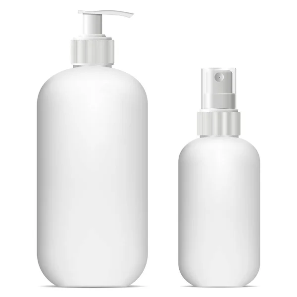Bílé Kosmetické Stříkací Láhve Šampon Nebo Plastový Dávkovač Mýdla Design — Stockový vektor