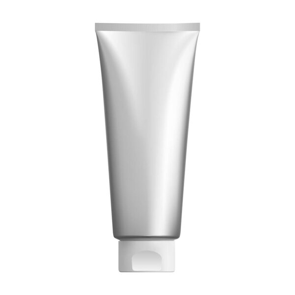 Макет серебряной косметической трубки. Пластиковая упаковка для косметологического крема. 3D дизайн упаковки для мази или геля. Реалистичная иллюстрация для зубной пасты или пены
