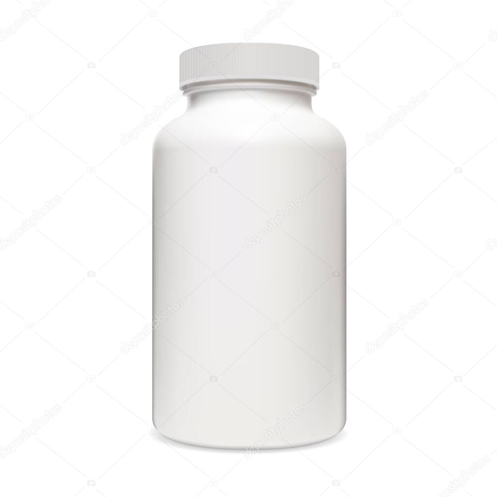Pill Bottle. Supplement drug 3d plastic package. Container for prescription antibiotic or headache capsule. Realistic vitamin tablet packaging mockup template design without box