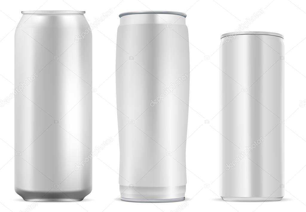 Aluminum can for coffee, juice, soda drink. Still metal tin mockup template for cold lemonade beverage. Glossy aluminium bottle for beer alcohol, isolated on white background