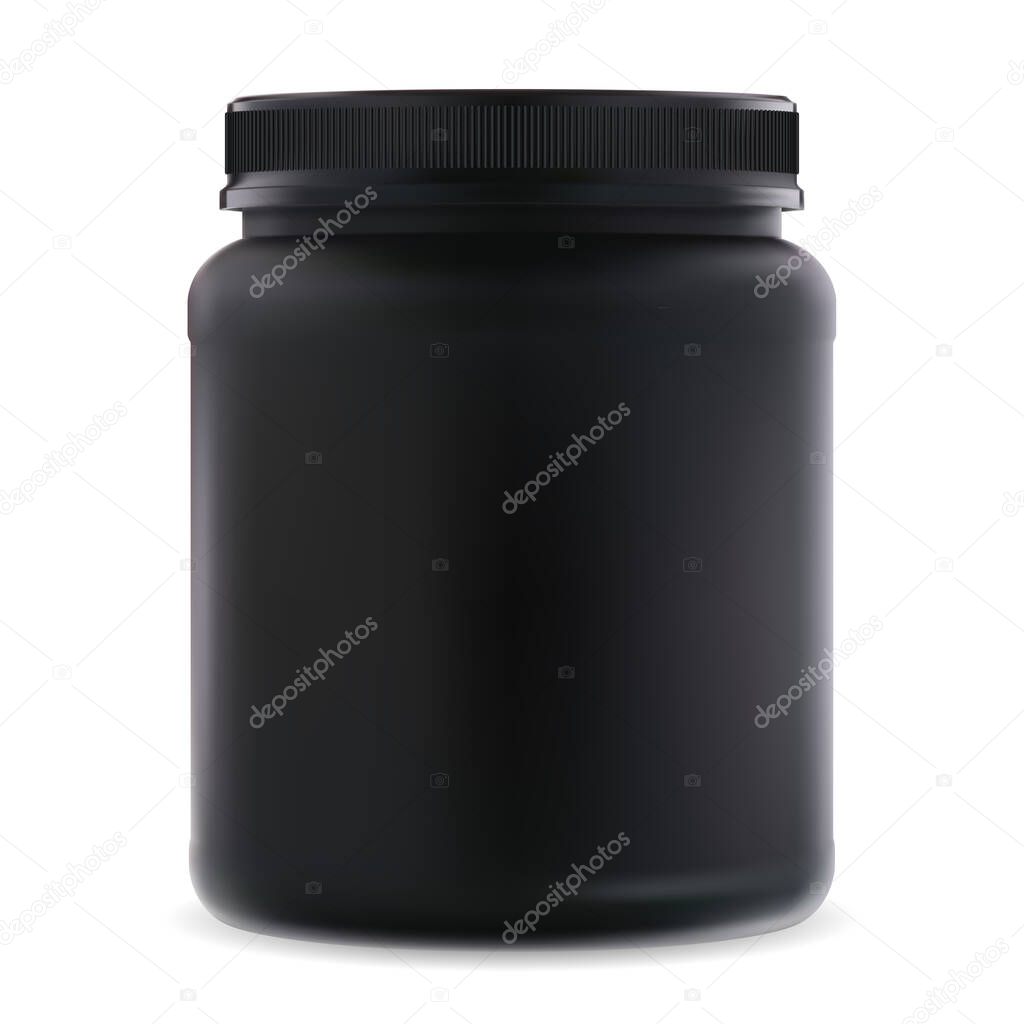 Black supplement jar. Protein sport 3d container. Bcaa amino acids can blank. Round bodybuilding creatine product package for muscle workout. Realistic vitamins cylinder tube