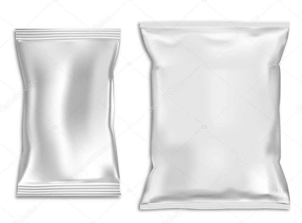 Snack bag mock up. Plastic pillow pouch blank. Vector template for foil sachet isolated on background. Closed foil wrap for food product. Pasta, powder, chocolate and sugar polythene packet