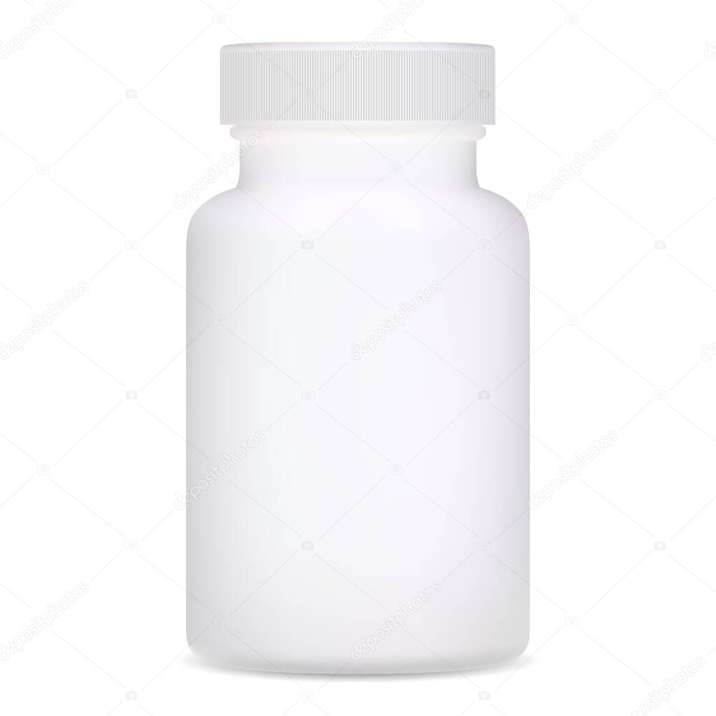 Medical bottle. White plastic supplement package design. Realistic template of pharmacy remedy pill container. Pharmaceutical capsule medicament jar. Prescription drug can