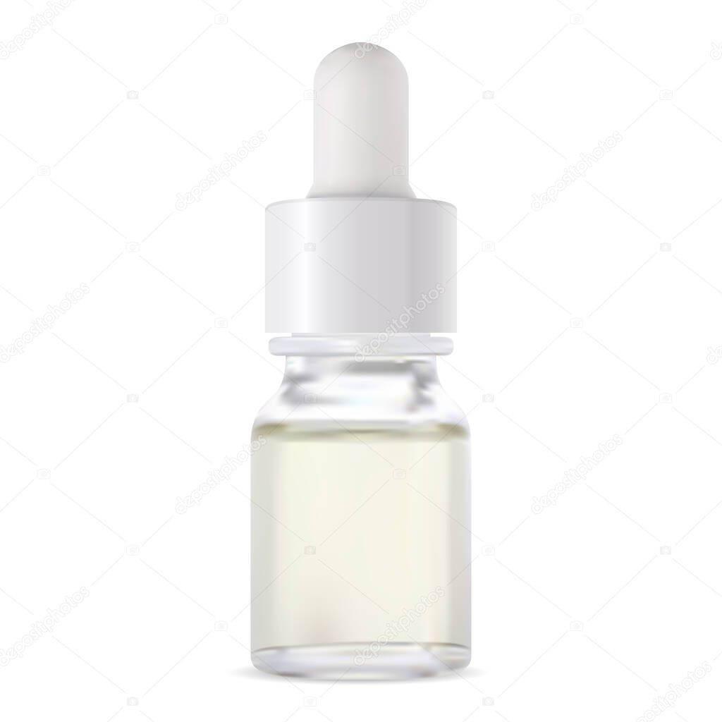 Serum dropper bottle. Glass vial 3d mockup for collagen. Clear flask design for natural aromatherapy cosmetic oil. Essential aging liquid flacon