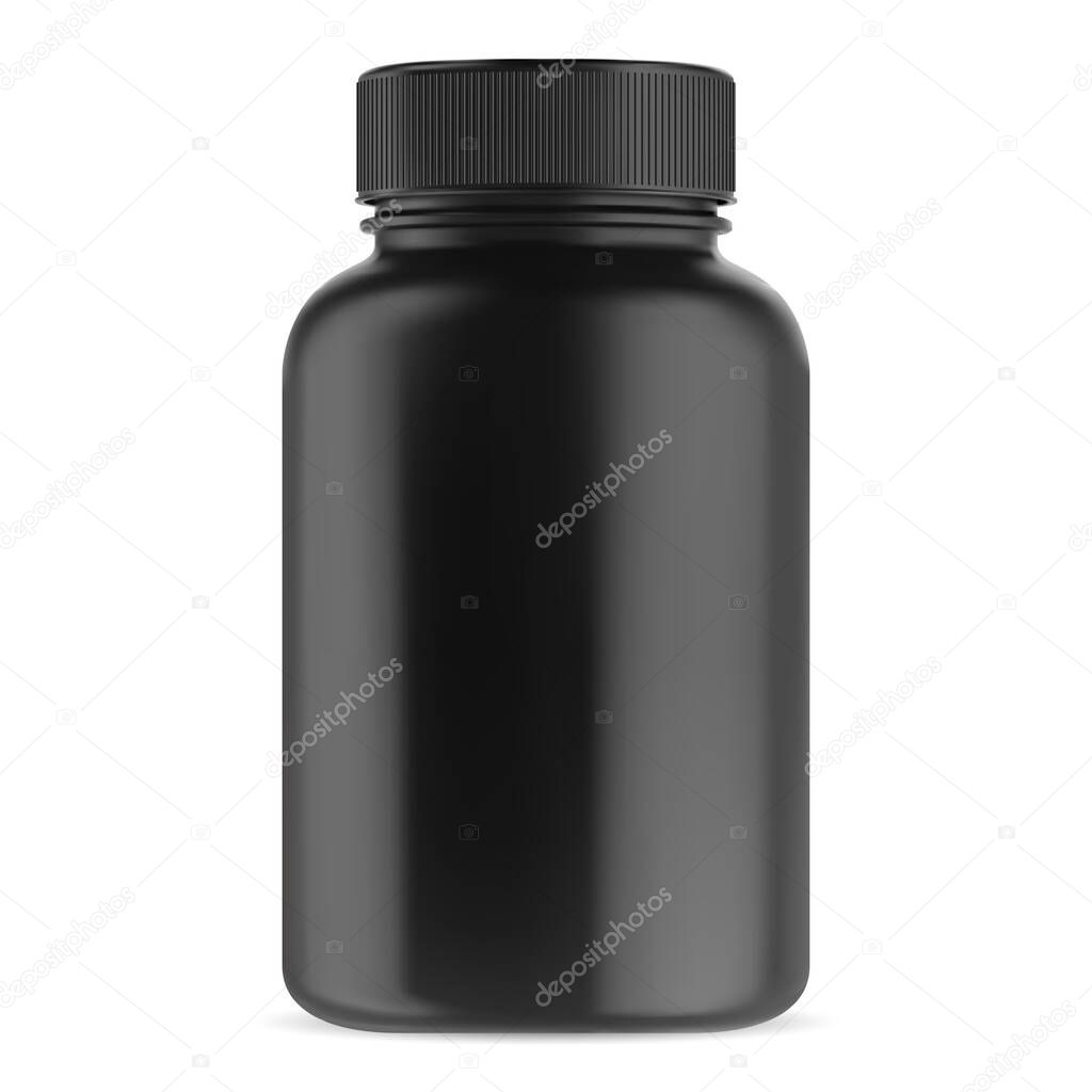 Black supplement bottle. Vitamin pill container vector template. Glossy plastic packaging mockup 3d design. Big medicament capsule jar for pharmacy. Bodybuilding sport drug can