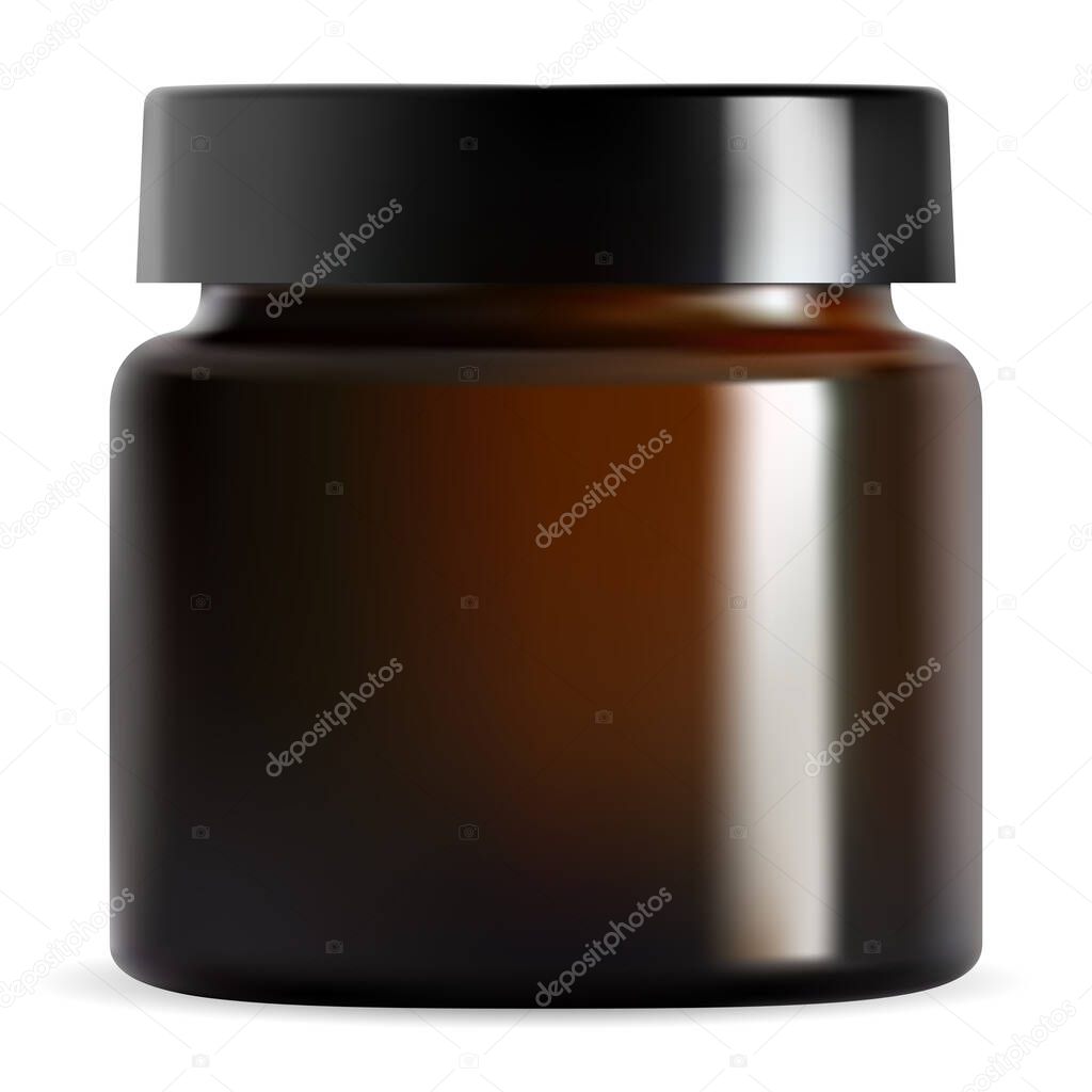 Brown cosmetic jar with black lid. Glossy cream container mock up blank. Round lotion packaging realistic template design. Face care product box for your label and logo. Isolated mockup