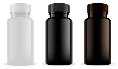 Destek şişesi. Vitamin hapı kavanozu siyah, plastik kaplama. Kapsül ve tablet için ilaç kutusu. İlaç ilacı için kapaklı vektör 3d boş şablon