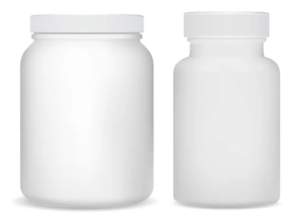 Weiße Plastikflaschen Ergänzen Das Angebot Sportglas Für Molkenproteinpulver Vitamin Droge — Stockvektor