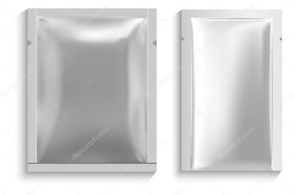 Foil sachet. Facial mask pouch. White package vector blank. Disposable wet napkin packaging for woman. Silver wrapper for woman facial skin cosmetic sheet. Snack product packet