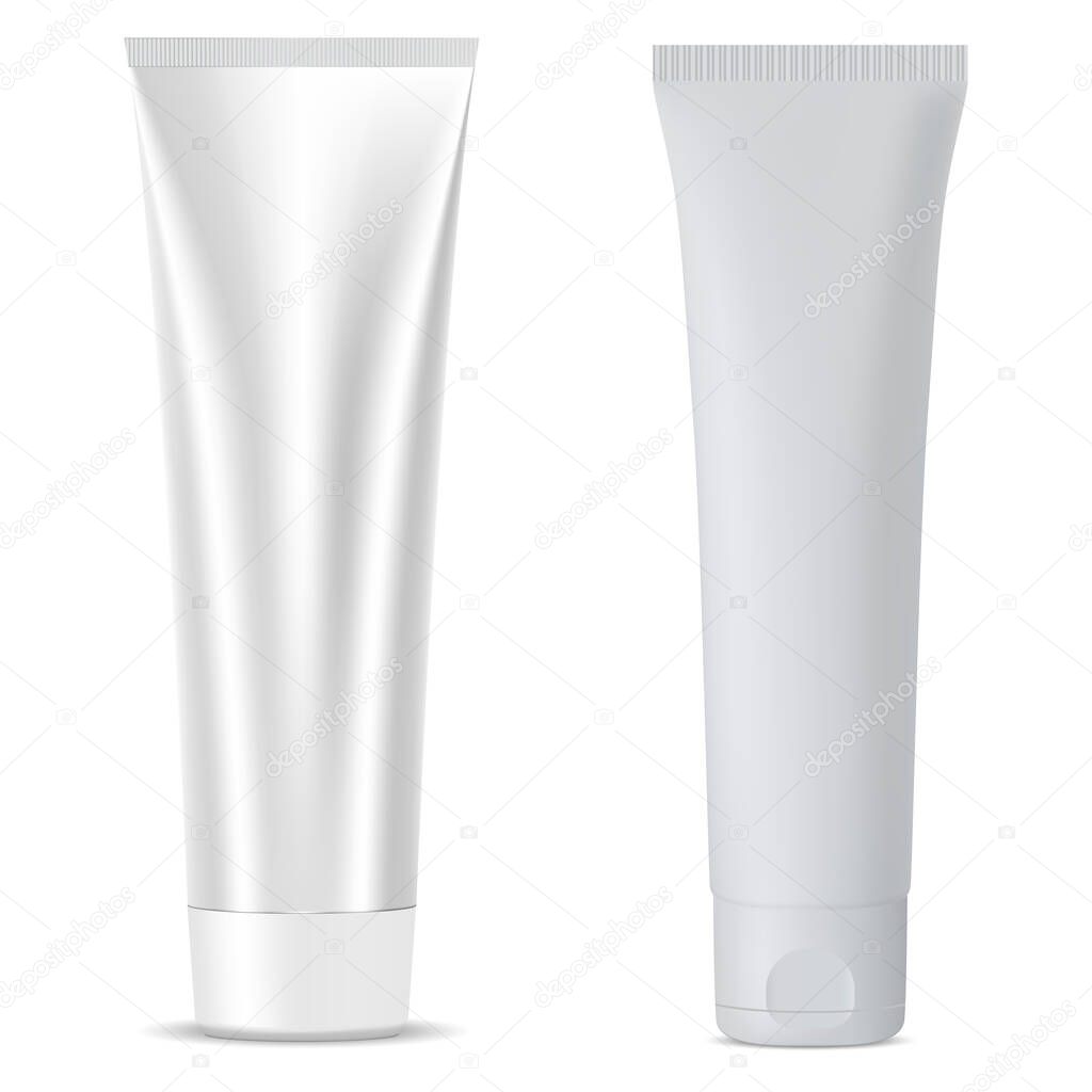 Cosmetic tube mockup template in silver metallic color. Jar for cream, ointment, mask, clay, moisturizer. High quality vector packaging 3d illustration.