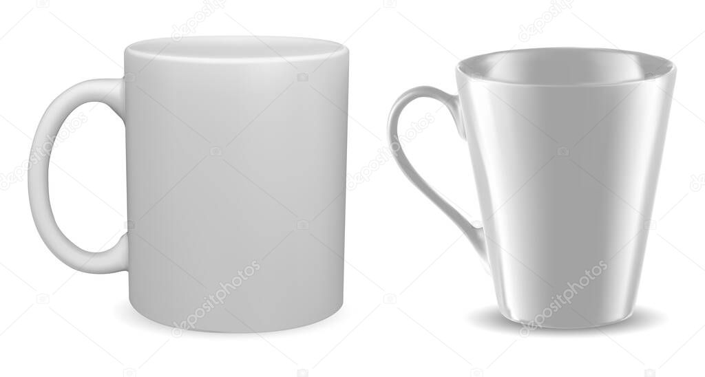 White mug mockup. Isolated vector coffee cup blank