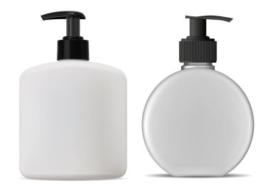 Şampuan, losyon, kozmetik şişe. Sıvı sabun dağıtıcı marka reklamcılığı konsepti. Doğal güzellik kremi tasarımı. Pompa tüpü el yıkama jeli için hazırlanıyor.