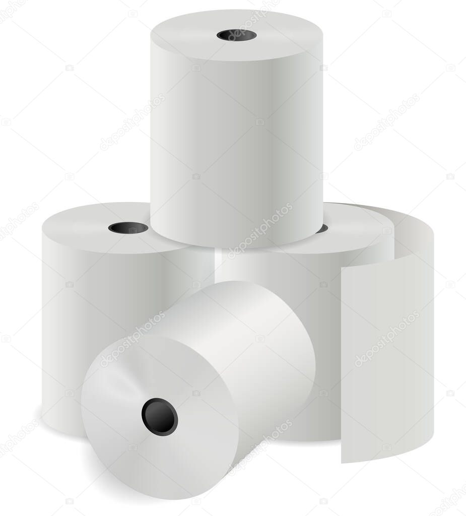 Toilet paper roll blank. White kitchen towel. Cash register 3d vector thermal cylinder. Fax ir calculator print tape illustration. Tissue payment cheque design set. Realistic shopping cashier list