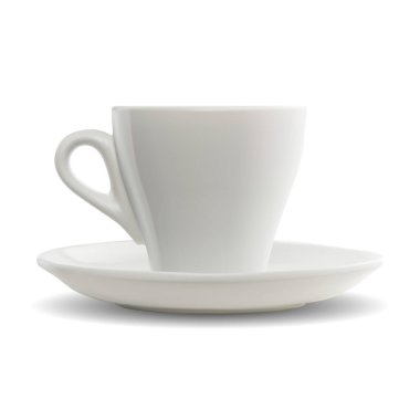 Espresso kahve fincanı ve vektör boş. Boş seramik nesnenin gerçekçi 3 boyutlu tasarımı. Tabak porselen setiyle kapuçino kahvesi, yan görüş. Klasik kafe çömlek koleksiyonu.