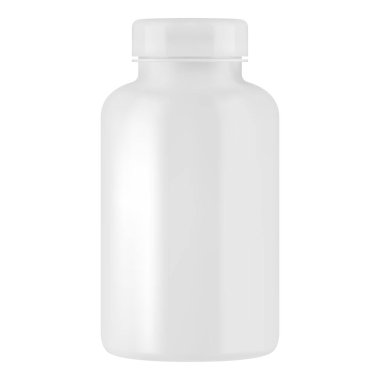 Beyaz plastik hap kutusu şablonu. Etiketsiz vitamin takviyesi şişesi, 3 boyutlu vektör. İlaç kapsülü ya da tablet tasarımı. Aspirin tedavisi yakın çekim yapabilir. Protein ürün paketi