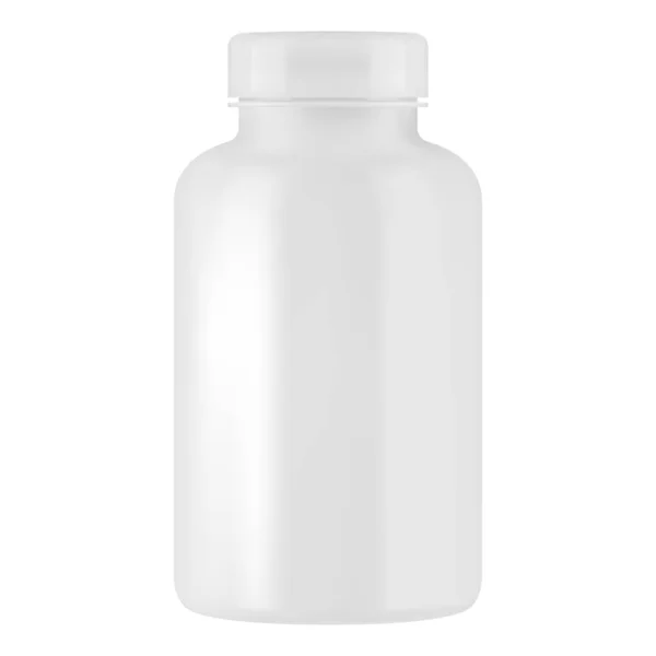 Beyaz plastik hap kutusu şablonu. Etiketsiz vitamin takviyesi şişesi, 3 boyutlu vektör. İlaç kapsülü ya da tablet tasarımı. Aspirin tedavisi yakın çekim yapabilir. Protein ürün paketi