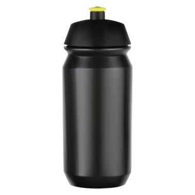 Spor su şişesi. Bisiklet ekipmanları siyah plastik boşluk. Turizm, macera ve beyaz arka planda spor için yeniden kullanılabilir bisiklet aracı