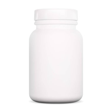 Tablet şişesi. Vitamin takviyesi hapı kavanozu. Beyaz plastik kapsül boş, etiketsiz reçeteli ilaç. Kapaklı ilaç kutusu tasarımı. Sağlık tedavisi yapabilir.