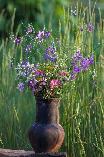 Flower bouquet in pot. Vintage rural style botany. Various colorful blossom of spring flowers. Beautiful fild wildflower brunch in vase. Fresh purple, yellow plant