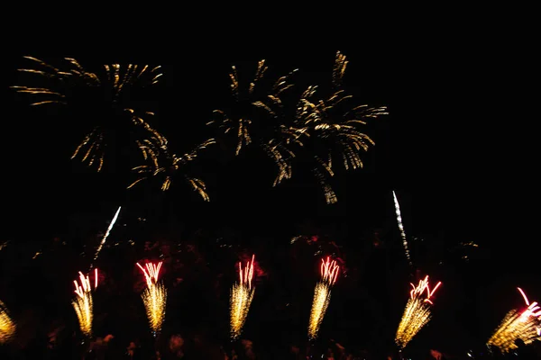 Echt Vuurwerk Deep Black Achtergrond Hemel Futuristische Fireworks Festival Show — Stockfoto