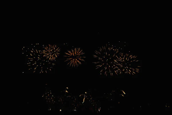 Real Fireworks Deep Black Background Sky Futuristic Fireworks Festival Show — Foto de Stock