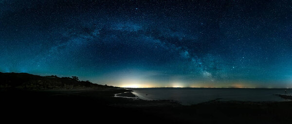 Amazing Panoramic HDR Landscape view of Milky way over Night sky