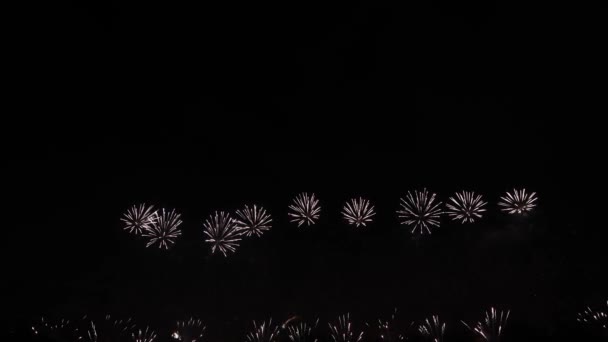 Coloridos fuegos artificiales abstractos en el cielo nocturno, aislados sobre fondo negro — Vídeos de Stock