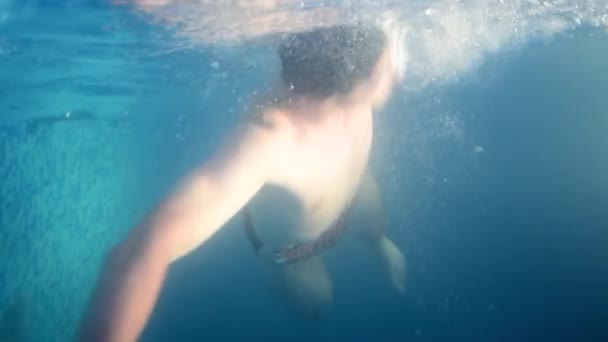Подводный вид профессиональный пловец в бассейне, тренировки действий — стоковое видео