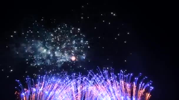 Varios fuegos artificiales en el cielo nocturno, aislados sobre fondo negro, día de la victoria — Vídeos de Stock