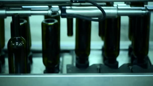 Convoyeur avec bouteilles de vin à l'usine de vin production de vin blanc, lavage des bouteilles — Video