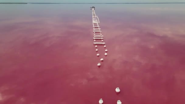Lac rose avec boue thérapeutique non classé séquences 4k sur le coucher du soleil, vue sur drone d'air — Video