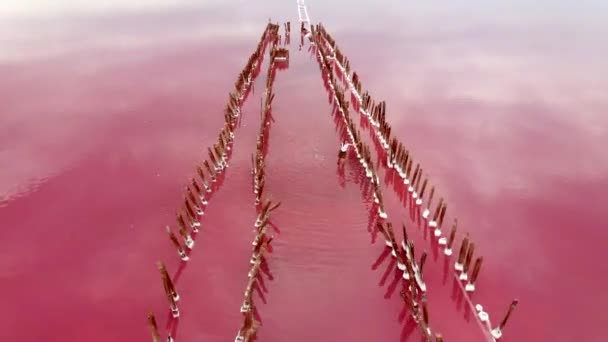 Verlassene Seebrücke am rosafarbenen See, Sonnenuntergang, Drohnenblick — Stockvideo