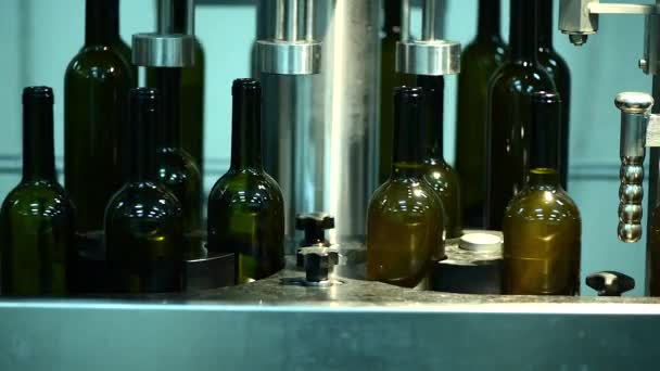 Trasportatore con bottiglie di vino in fabbrica, imbottigliamento di vino bianco, tappo di vino — Video Stock