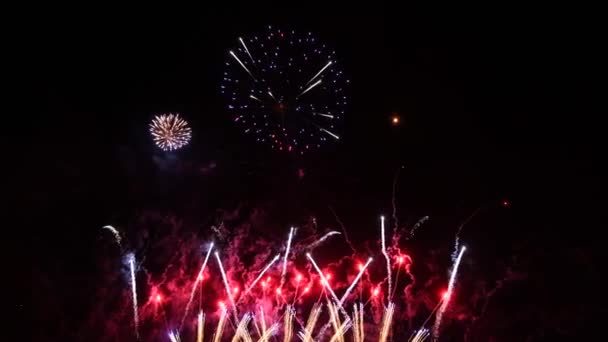 Gros plan ralenti de coloré abstrait futuriste feux d'artifice montrer ciel nocturne — Video