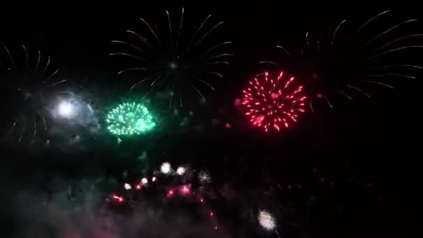 Close up slow motion of colourful Abstrak futuristic fireworks show night sky — Stok Video