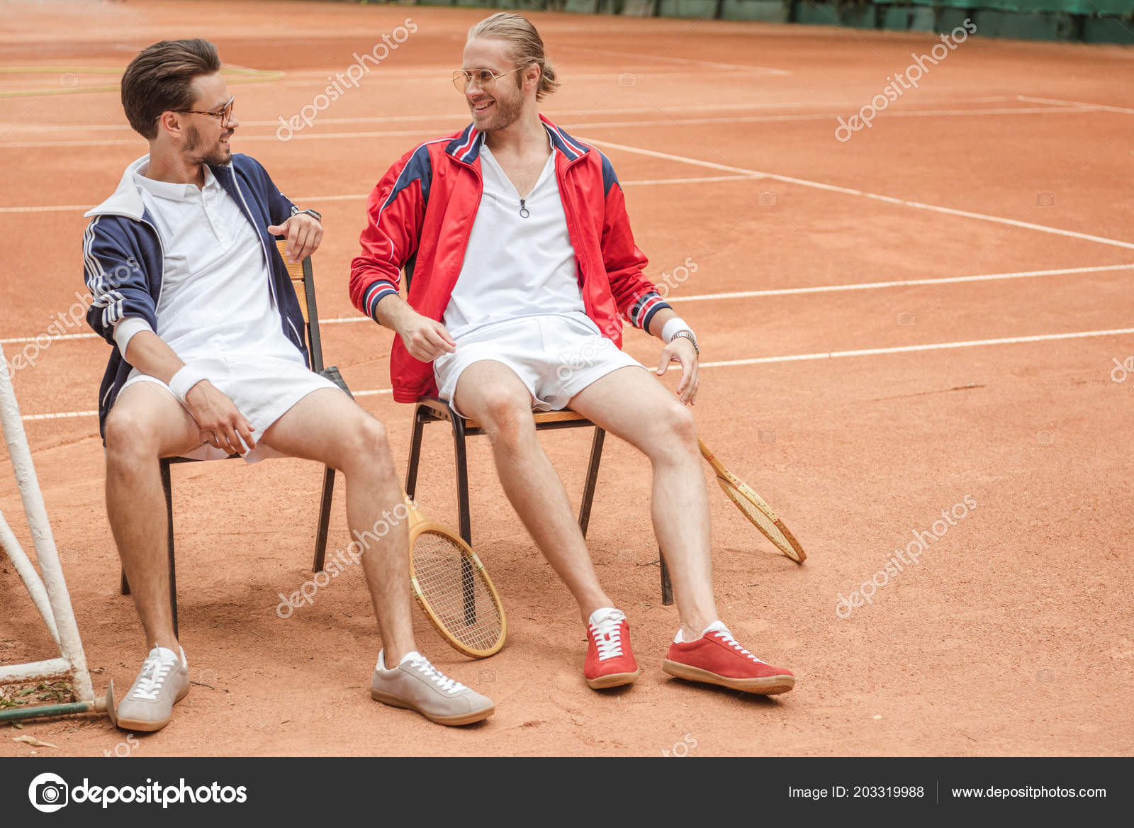 Happy Friends Wooden Rackets Sitting Chairs Tennis Court Stock