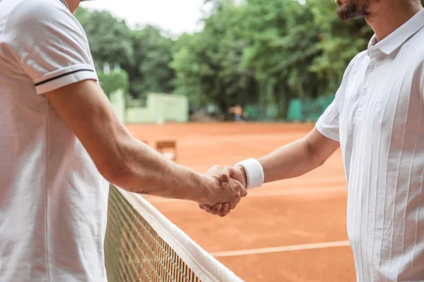 Cropped View Tennis Players Shaking Hands Game Court — Stock Photo, Image