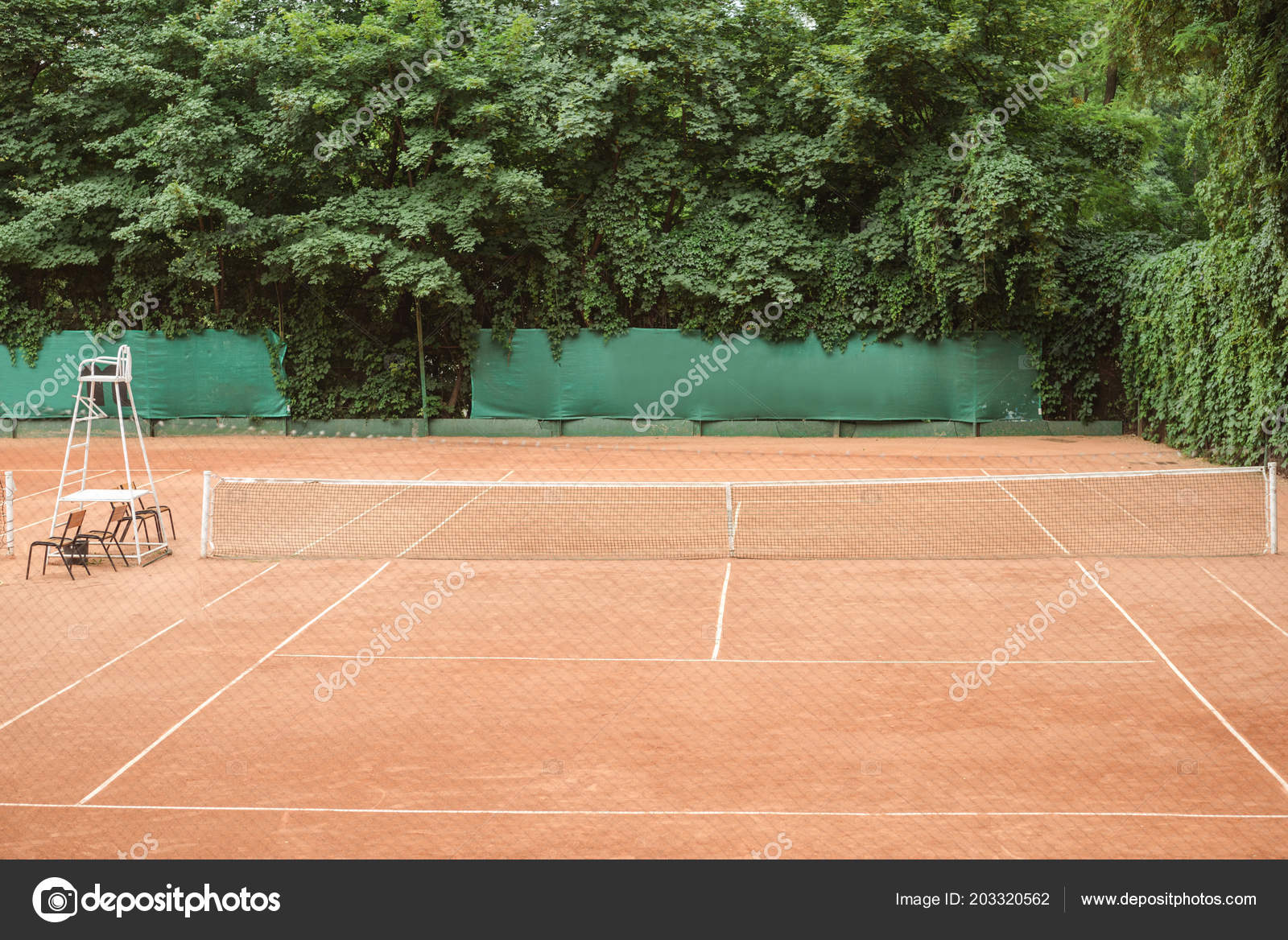 View Brown Tennis Court Chairs Tennis Net Stock Photo