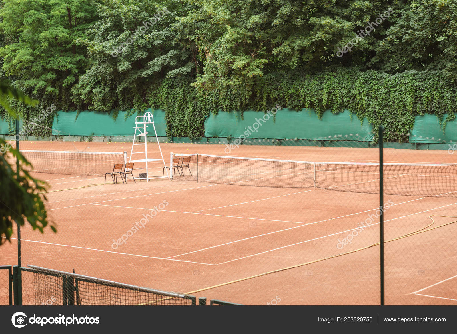 View Brown Tennis Court Net Chairs Trees Stock Photo