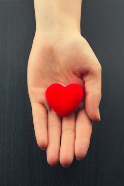 Küçük kırmızı kalbi tutan bir kadın.