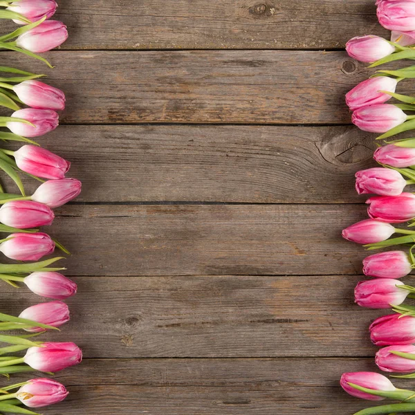 Beautiful Pink Tulips Wooden Background Top View Copy Space Space — Stock Photo, Image