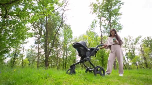 Жінка з дитячим транспортом використовуючи мобільний телефон в парку — стокове відео